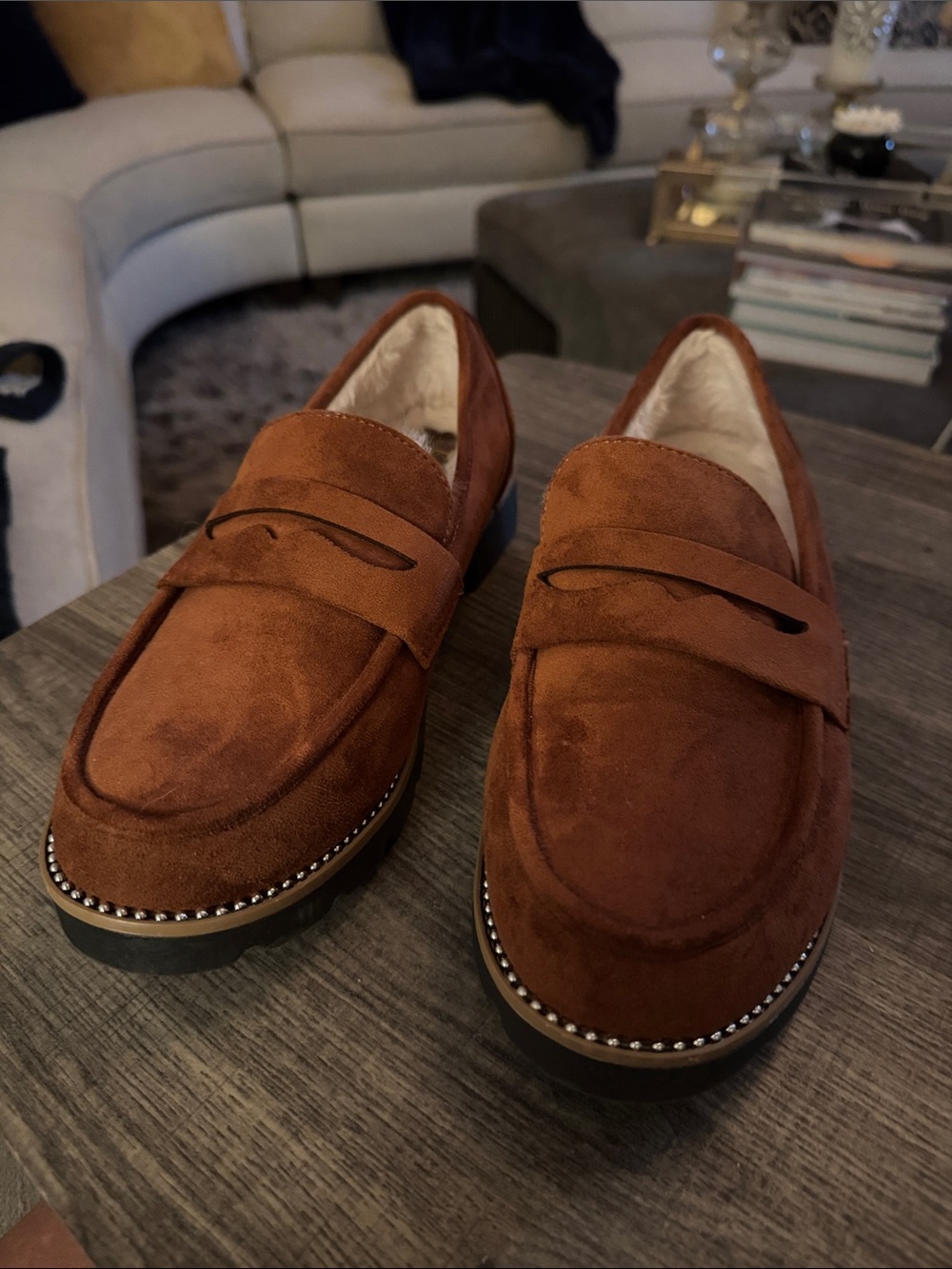 Taryn Rose Suede Penny Loafers in Rust Brown